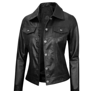 Women Black Leather Trucker Jacket