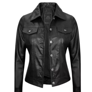 Women Black Leather Trucker Jacket