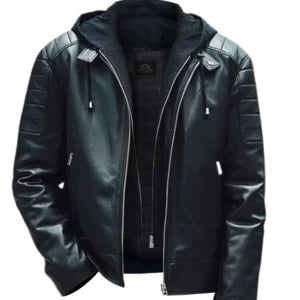 Men Leather Moto Hooded Jacket