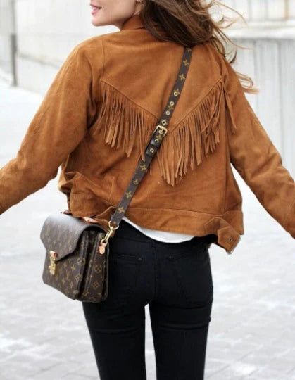 Lambskin BROWN FRINGE Suede Jacket Fr Women | Western Style COWGIRL Tassel Suede Leather Jacket
