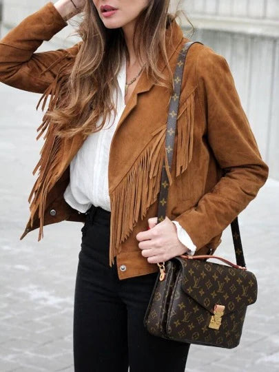 Lambskin BROWN FRINGE Suede Jacket Fr Women | Western Style COWGIRL Tassel Suede Leather Jacket