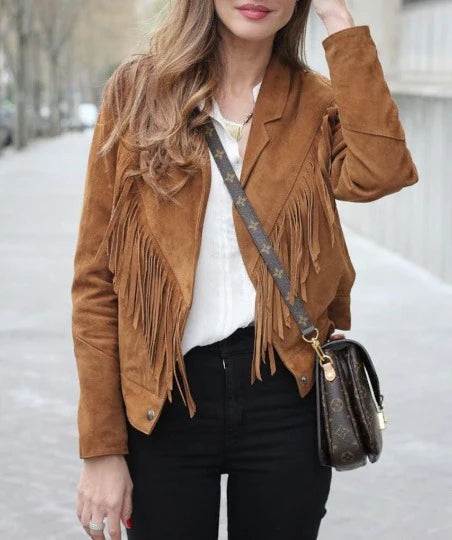 Lambskin BROWN FRINGE Suede Jacket Fr Women | Western Style COWGIRL Tassel Suede Leather Jacket
