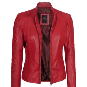 Women Cafe Racer Red Quilted Jacket