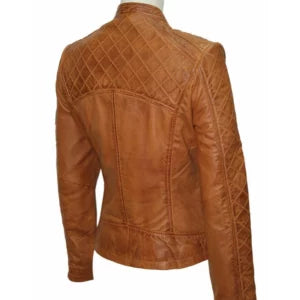 Women Slim Fit Brown Quilted Leather Jacket