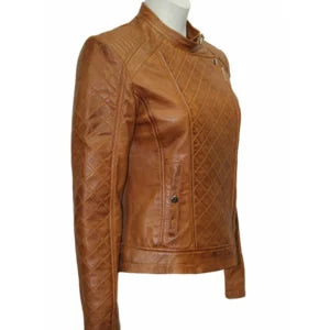 Women Slim Fit Brown Quilted Leather Jacket
