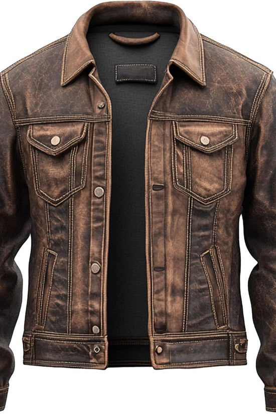 Mens Genuine Leather Trucker Jacket - Distressed Motorcycle Vintage Style Western Trucker Jackets for Men