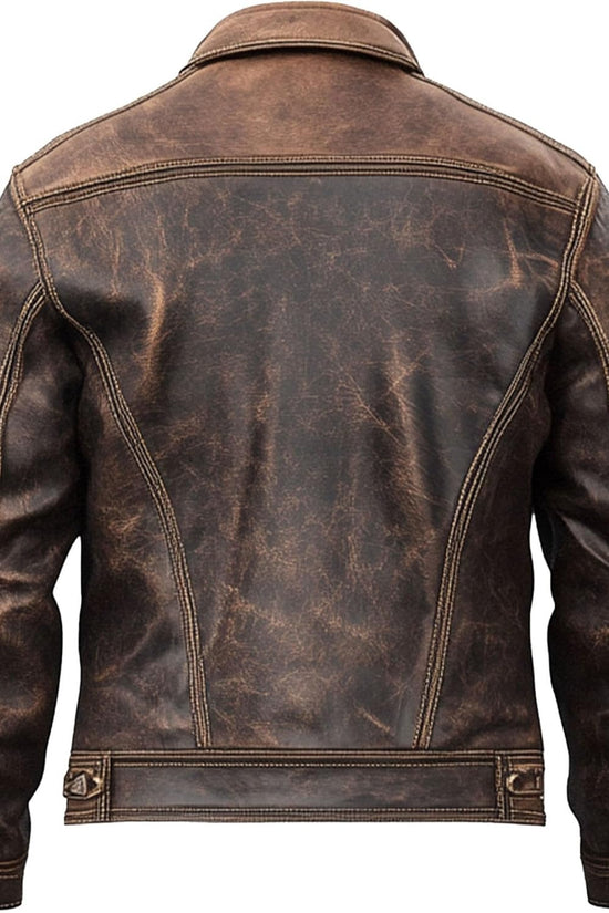 Mens Genuine Leather Trucker Jacket - Distressed Motorcycle Vintage Style Western Trucker Jackets for Men