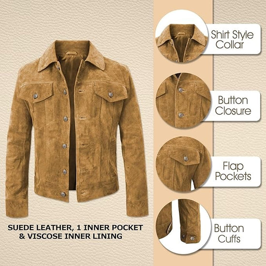 Suede Leather Jacket - Western Style Cowboy Leather Jacket Brown