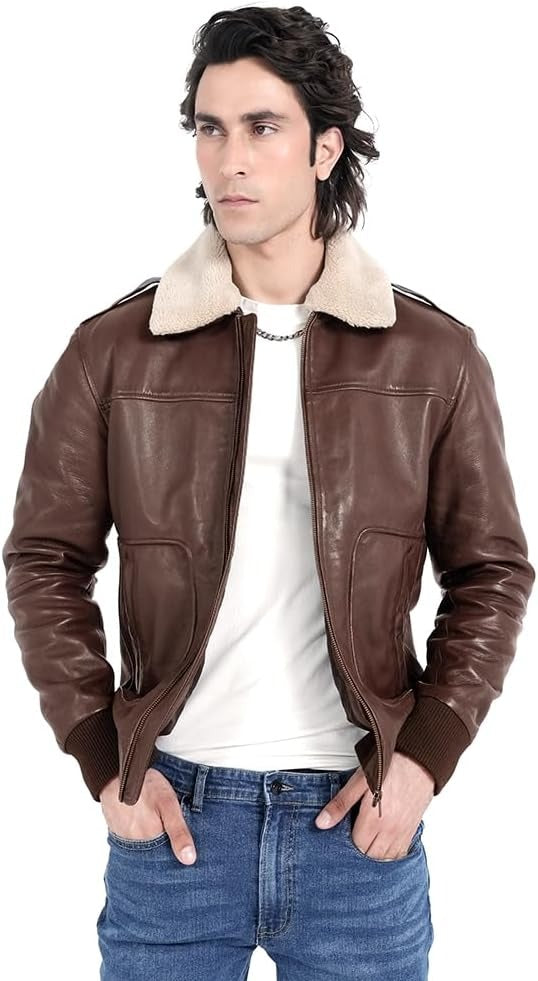 Mens leather jacket Genuine Lambskin Bomber Jacket men Brown with Removable Sherpa Collar– Premium Leather jacket men