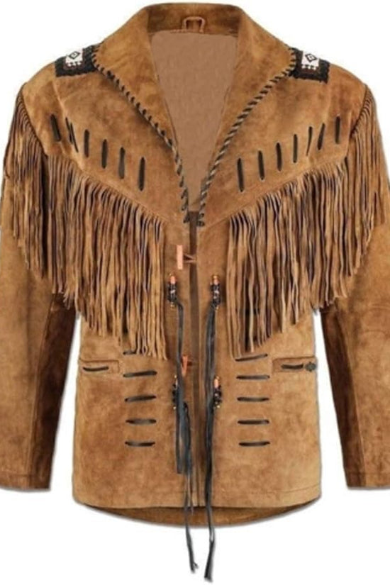 100% Real Suede Western Style Leather Jacket for Sale Native American Coat Fringe
