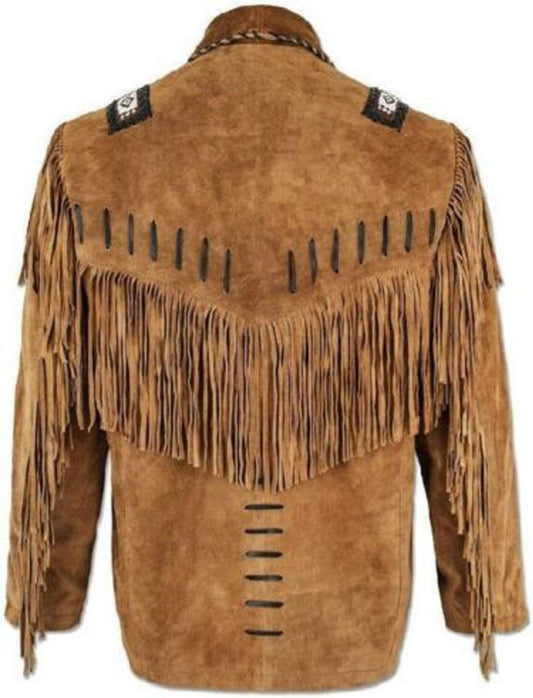 100% Real Suede Western Style Leather Jacket for Sale Native American Coat Fringe