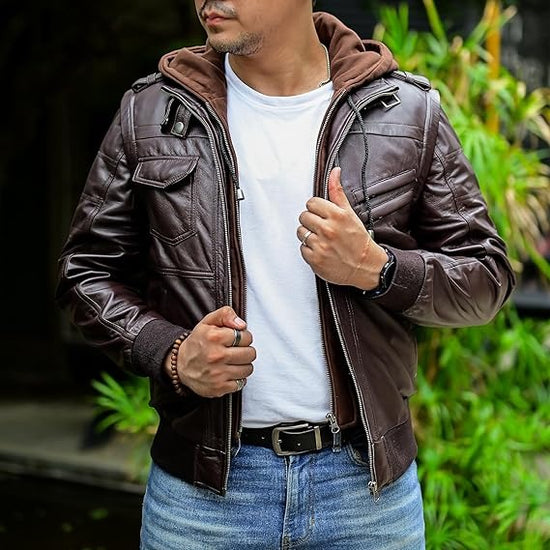 Genuine Lambskin Leather Bomber Jacket with Removable Hood for Mens Fashion