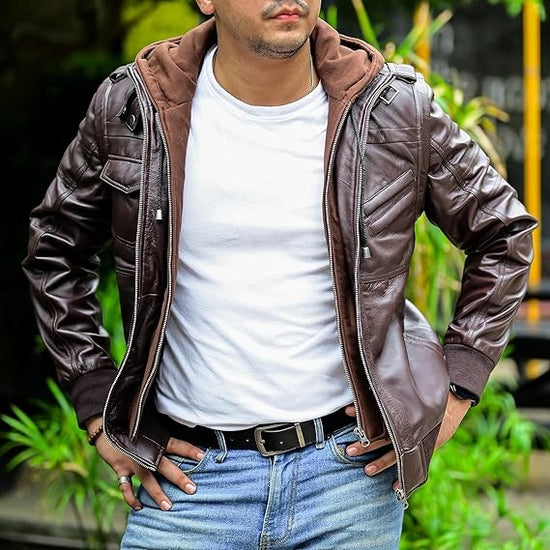 Genuine Lambskin Leather Bomber Jacket with Removable Hood for Mens Fashion