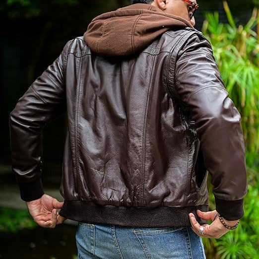 Genuine Lambskin Leather Bomber Jacket with Removable Hood for Mens Fashion