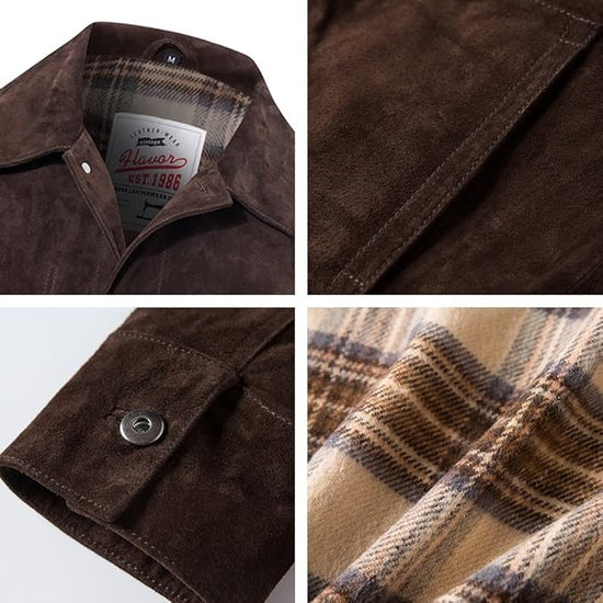 FLAVOR Men's Suede Leather Jacket Trucker Coat