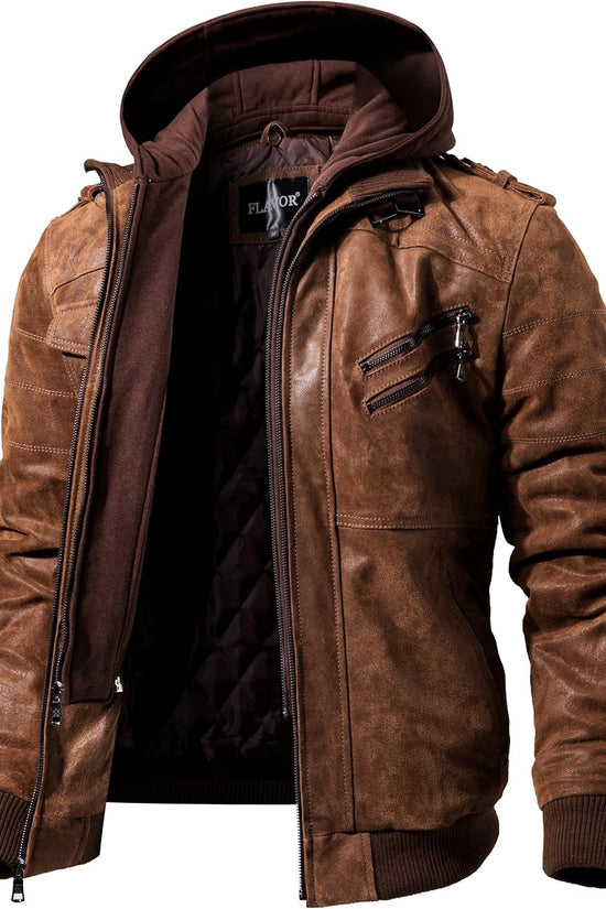 FLAVOR Men Brown Leather Motorcycle Jacket with Removable Hood