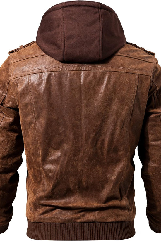 FLAVOR Men Brown Leather Motorcycle Jacket with Removable Hood