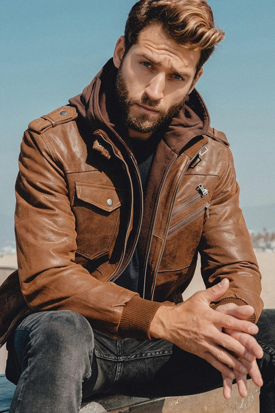 FLAVOR Men Brown Leather Motorcycle Jacket with Removable Hood