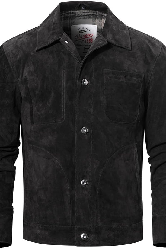FLAVOR Men's Suede Leather Jacket Trucker Coat