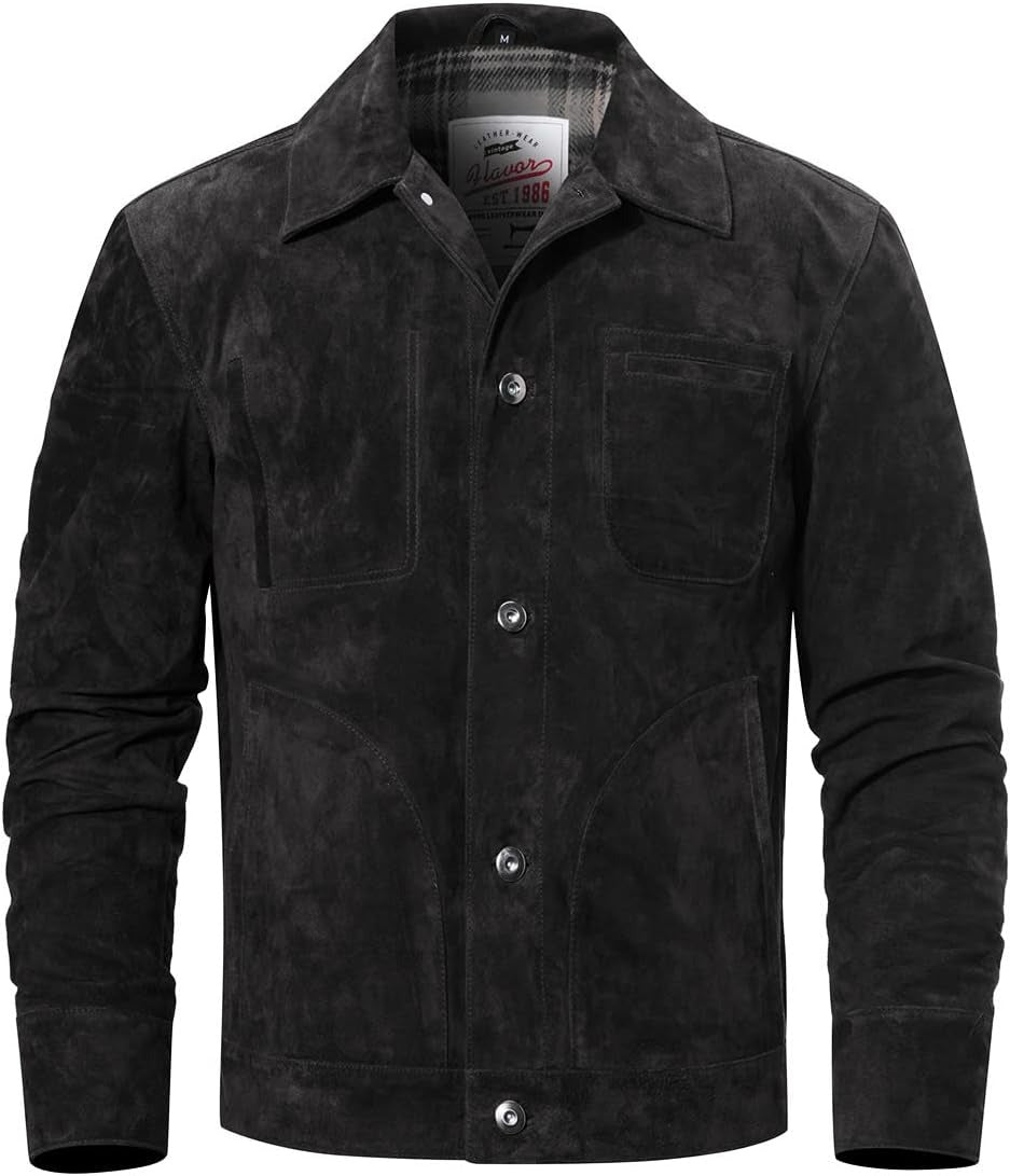 FLAVOR Men's Suede Leather Jacket Trucker Coat
