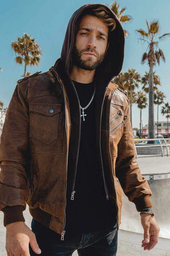 FLAVOR Men Brown Leather Motorcycle Jacket with Removable Hood