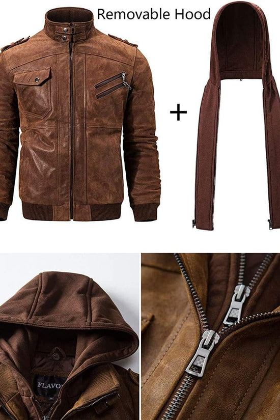 FLAVOR Men Brown Leather Motorcycle Jacket with Removable Hood