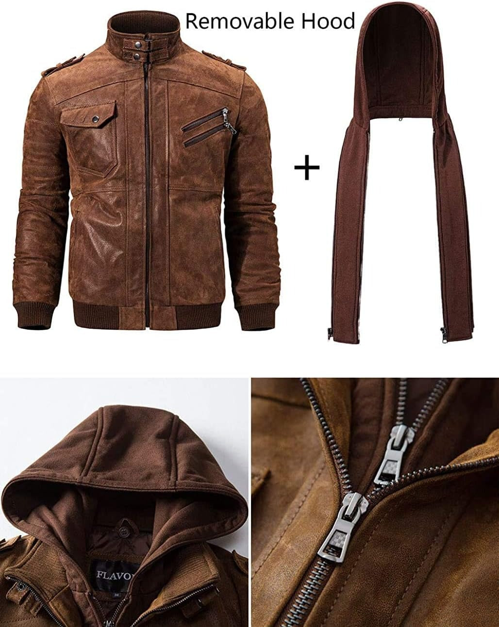 FLAVOR Men Brown Leather Motorcycle Jacket with Removable Hood