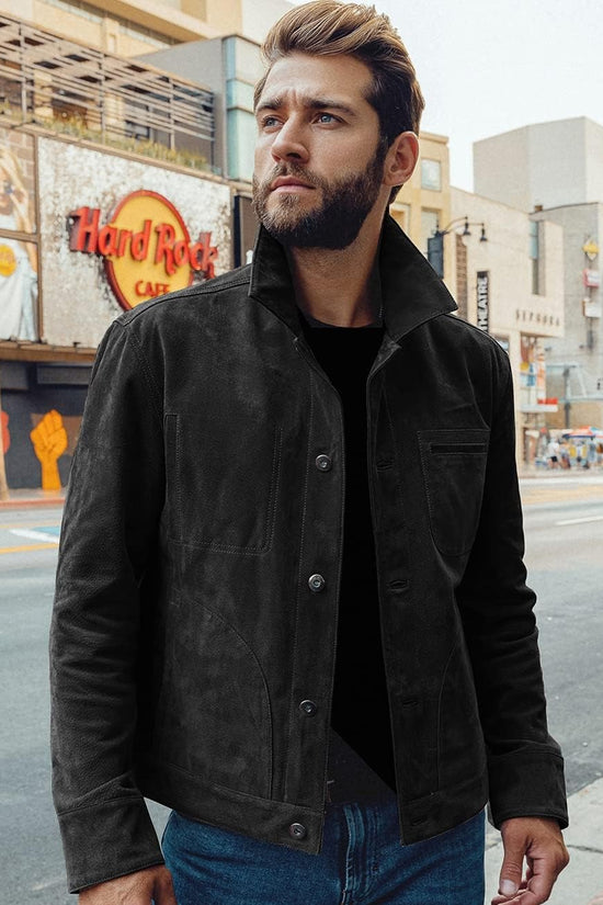 FLAVOR Men's Suede Leather Jacket Trucker Coat