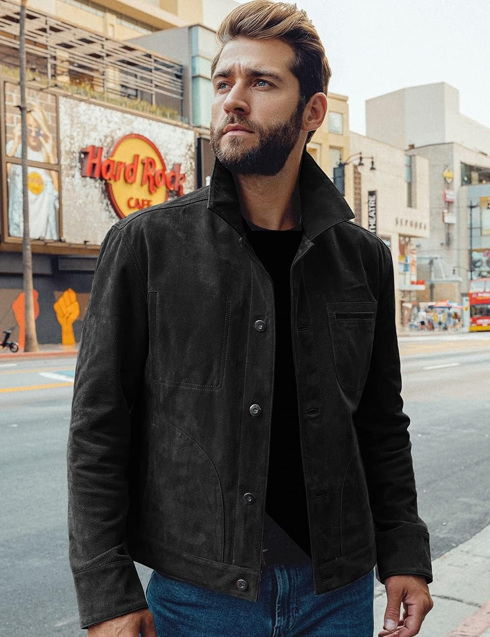 FLAVOR Men's Suede Leather Jacket Trucker Coat